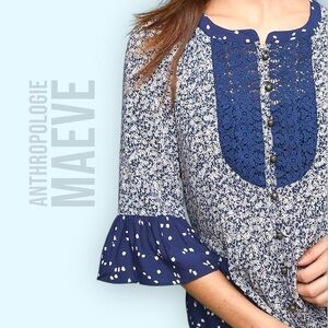 Anthropologie Maeve Blouse Womens Size 6 Navy Blue Pattern Hiver Peasant Top NWT